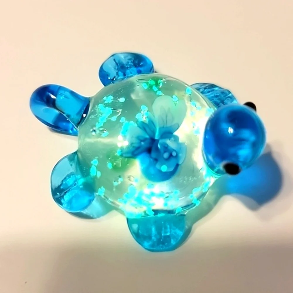 NEW Handcrafted Blown Art Glass Turtle Charm Pendant Floral with Luminous Specks
